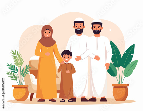 Happy Muslim Family Posing Together with Plants.