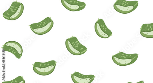A vibrant repeating pattern of sliced green aloe vera leaves showcases the succulent inner pulp and textured skin across a clean and bright white surface.