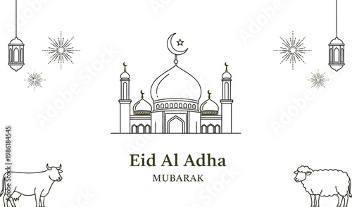 Mosque and animals symbolize Eid Al Adha celebration greetings for Muslims worldwide during the Islamic festival.
