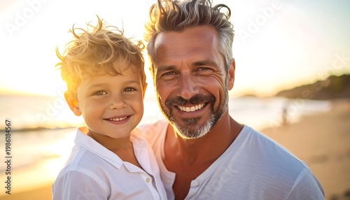 Smiling dad holds son on beach at sunset; golden light. Family moment of connection and joy at the seaside
