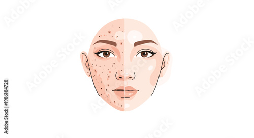 A striking vertical split-screen illustration of a female face highlights the contrast between inflamed red acne and luminous glowing skin on a white background.