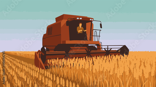 Combine harvester working in a golden wheat field during harvest season