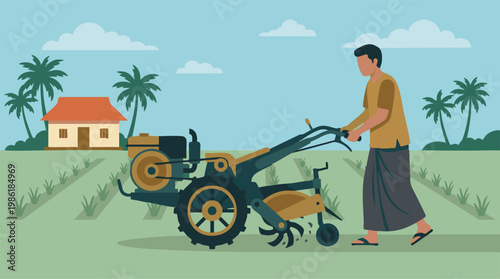 Asian farmer cultivating rice field with power tiller in rural landscape