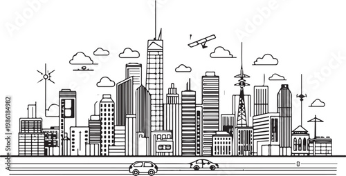 Hand drawn sketch of a bustling urban landscape featuring tall buildings and city traffic. isolated on white background