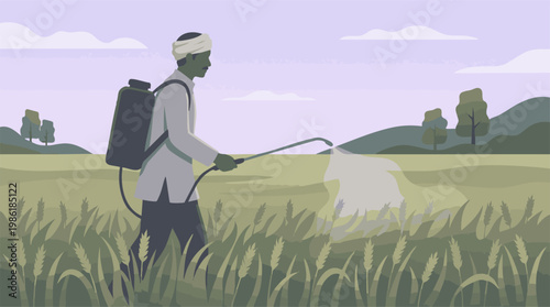 Indian farmer spraying crops in an agricultural field, rural landscape