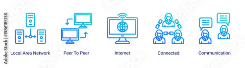 Network flow icon set featuring connection,internet,and communication systems.Suitable for networking and digital communication visuals.