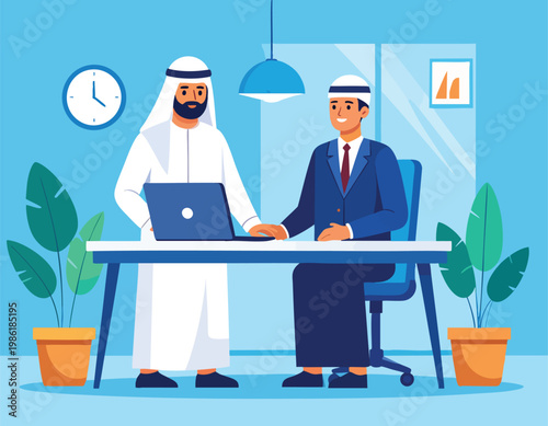 Two Arab businessmen collaborating in a modern office environment.