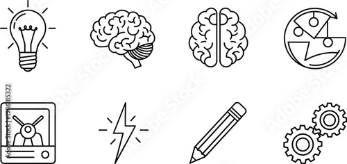 Soft 3D claymorphism creative icons vector set with brain lightbulb and gears for modern app and web design