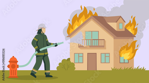 Firefighter putting out a house fire with a hose and fire hydrant