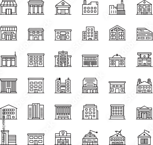 Hand-drawn style building icons set featuring various architectural structures and houses. isolated on white background