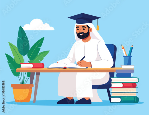 Arab Student in Graduation Cap Studying at Desk with Books.