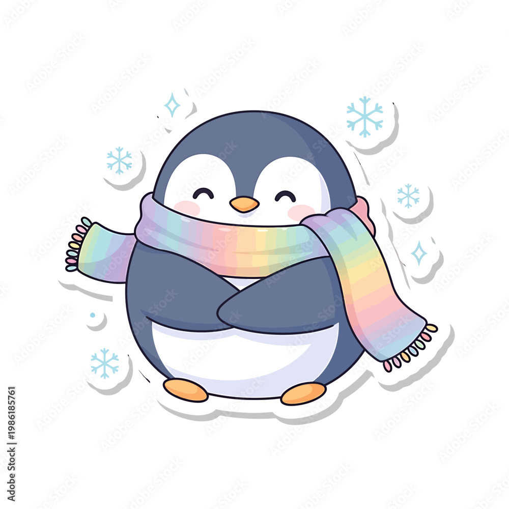 Fototapeta premium A cute cartoon penguin wearing a colorful scarf stands in winter surrounded by snowflakes