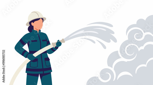 Professional Female Firefighter Sprays Water with Hose during Emergency