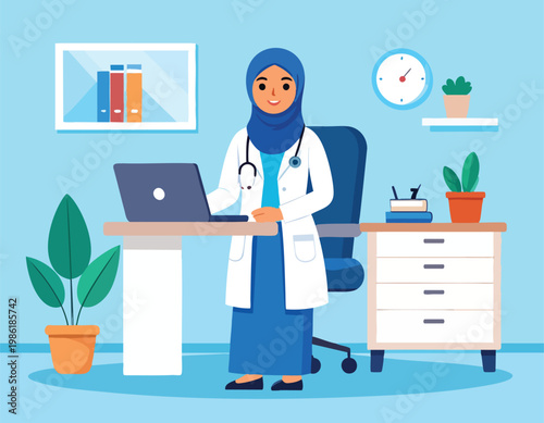 Muslim female doctor standing in her medical office with a laptop and stethoscope.
