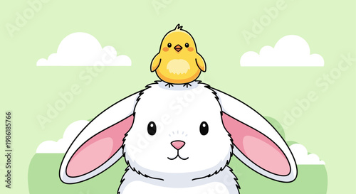 Photography Cute white rabbit with yellow chick.