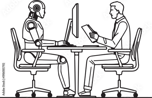 Illustration of a humanoid robot and a businessman sitting at a desk and working on a computer. isolated on white background
