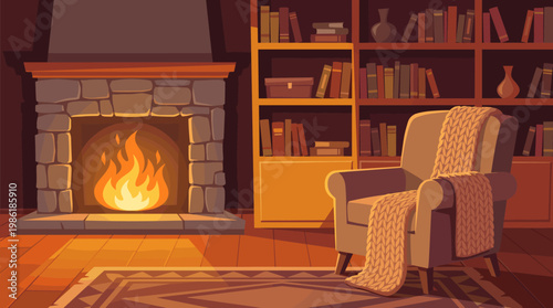 Cozy setting with a fireplace, bookshelves, and an armchair in a warm room during the evening