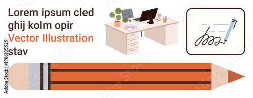 Creative design, office tools, signature process, digital work, business concepts, modern workspace. Graphic of a desk with devices, large pencil and a signature. Office tools and digital work