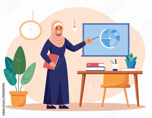 Muslim woman teacher wearing hijab pointing at world map on whiteboard in classroom illustration.