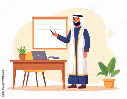 Arab businessman in traditional clothing giving a presentation in office.