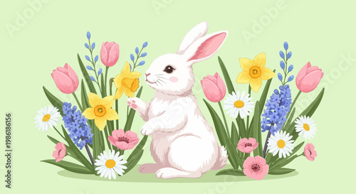 Vászonkép White Rabbit Sitting Among Colorful Flowers.