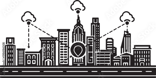 Smart city vector illustration, urban skyline with cloud computing icons, digital network connection in metropolitan landscape, internet of things concept