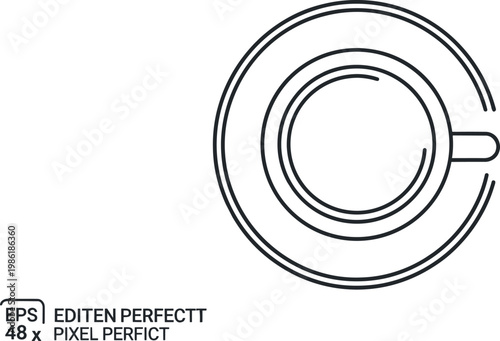 Top view coffee cup icon vector line art illustration of espresso with saucer isolated on white background
