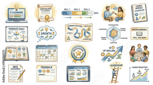 Education and skill growth infographic set with lessons, goals, teamwork, charts and progress elements in detailed hand drawn style isolated on white background