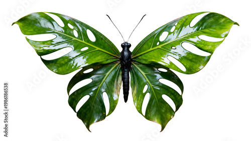 Creative butterfly with wings made of green monstera leaves on a transparent background