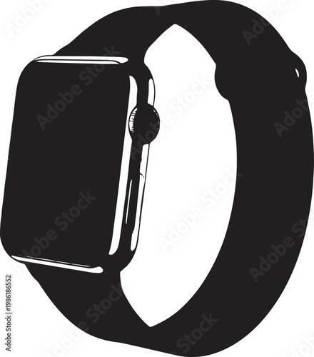 A black and white graphic illustration of a modern smartwatch with a sleek wristband. isolated on white background