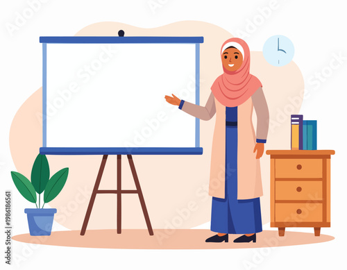 Muslim woman teacher giving a presentation in a classroom with a blank screen.