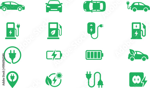 Grid set of sixteen green solid icons featuring cars, charging stations, batteries, plugs, and leaves isolated on white background