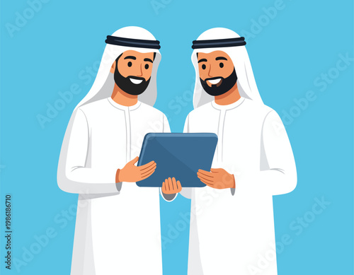 Two Arab businessmen in traditional white clothing looking at a digital tablet together.
