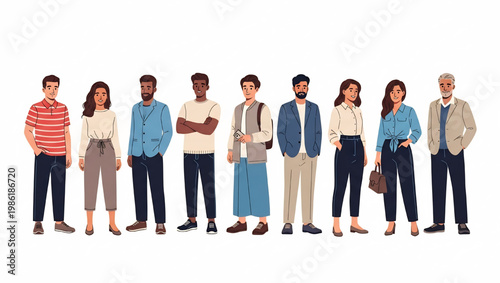 Diverse group of people standing in a line smiling and looking happy together