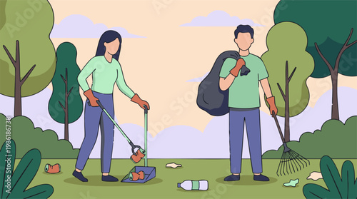People cleaning up a park, collecting trash and litter for environmental care