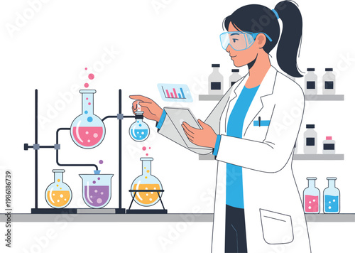 Female scientist, laboratory setting, chemistry experiment, lab equipment, colorful vector illustration