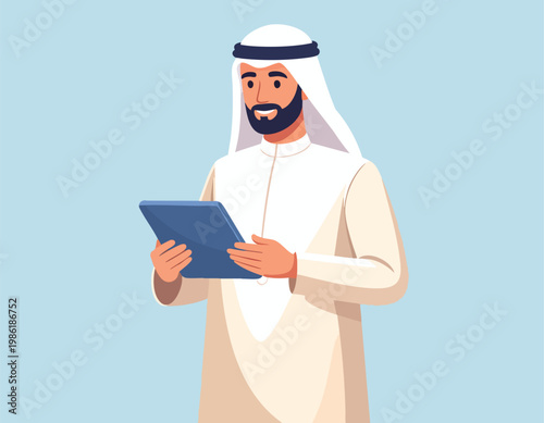 Arab Man in Traditional Clothing Using a Tablet Device.
