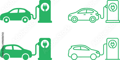 Set of green electric vehicle icons including car, charging station, power plug, and battery in flat and outline styles isolated on white background