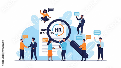 Human resources team working together with magnifying glass on documents and chatting