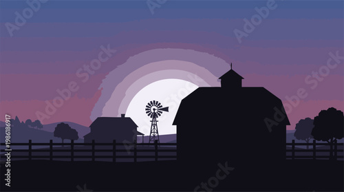 Peaceful farm landscape with barn, windmill, and moon silhouette at dusk