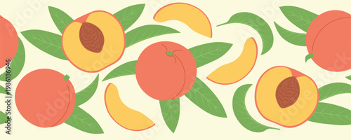 Peaches, seamless border pattern. Fruit background. Vector illustration, flat style.
