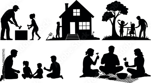Silhouette family activities illustration showing parents and children gardening, building, swinging, crafting, and bonding through outdoor play together