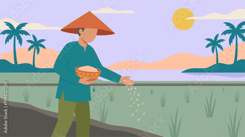 Traditional Asian farmer sowing rice seeds in a paddy field landscape