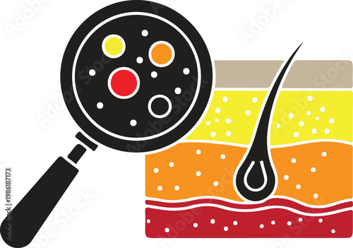 Magnifying glass over skin layers and hair follicle microscopic view science research concept.