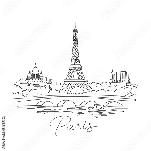 Panorama of Paris, France, from an airplane. Downtown, Elphelion Tower, Louvre, Champs- lys es. Flat vector illustration isolated on white background for print.
