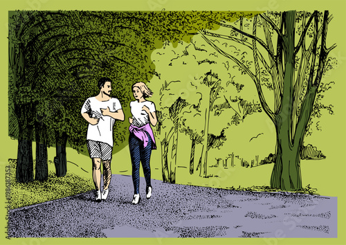 Park landscape. Illustration of sports activities in parks and squares. The illustration is made as line drawings or engravings. Can be used to promote a healthy lifestyle.