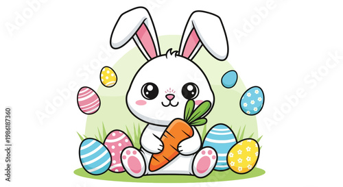 Cute white bunny holding carrot.