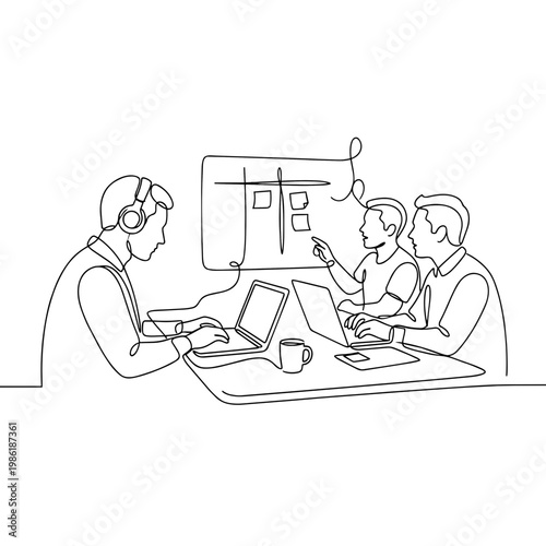 Developer meeting and sprint planning. Agile project management concept. Continuous line art vector illustration