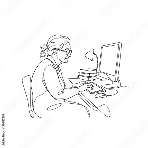 Elderly librarian at computer continuous line drawing. Senior office worker minimalist vector illustration