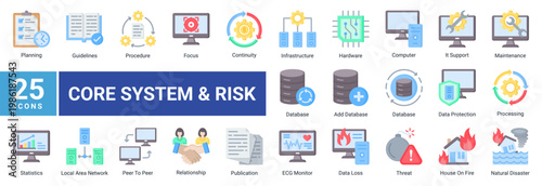 Disaster recovery icon set featuring system infrastructure,data protection,network,and risk planning concepts.Ideal for technology,IT operations,and business continuity design.